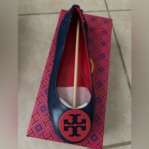 Tory Burch Blue Flats with Quilted Design and Logo